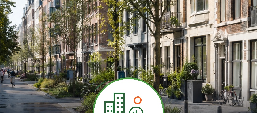 A tree-lined city street with planted rain gardens and a cycle path