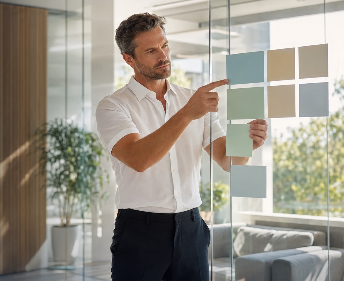 A man in a white shirt arranging coloured notes on a glass wall
