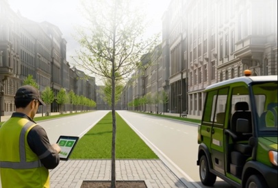 A site engineer with a tablet beside a newly planted street tree