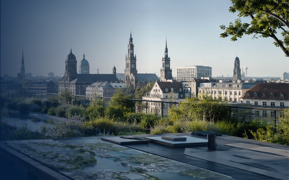 A city skyline seen from a green roof, with a landscape model on a table in the foreground